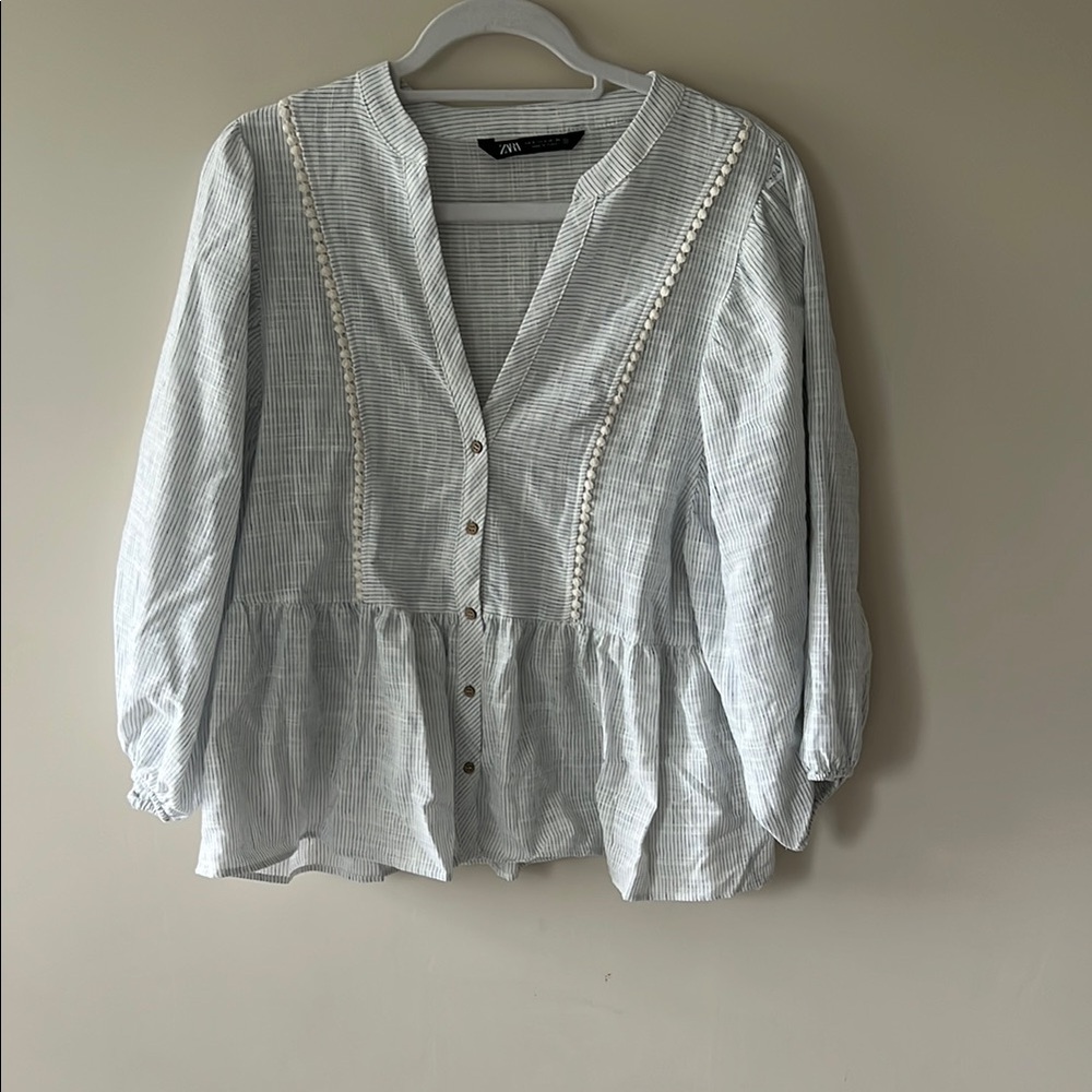 Zara Women's Striped Blue & Off White Blouse, Size S